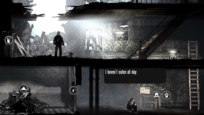 Das Computerspiel This War of Mine versetzt die Spieler:innen in die Rolle von Zivilist:innen in einer belagerten Stadt im Krieg.