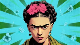Zeichnung: Frida Kahlo schaut bestimmt, der Hintergrund ist blau.