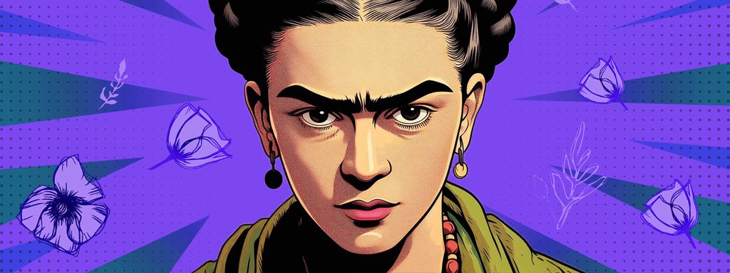 Zeichnung: Frida Kahlo schaut bestimmt, der Hintergrund ist lila.