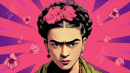 Zeichnung: Frida Kahlo schaut bestimmt, der Hintergrund ist pink.
