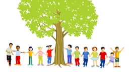 Kinder stehen um einen Baum herum und halten sich an den Händen.