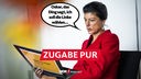 Satirische Fotomontage: Sahra Wagenknecht schaut auf einen Wahl-O-Mat Laptop und sagt: "Oskar, das Ding sagt, ich soll die Linke wählen!"