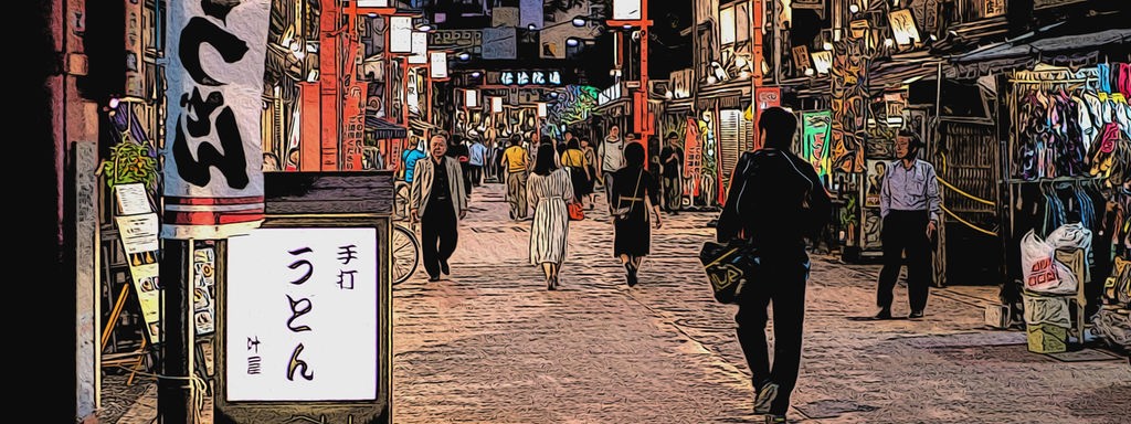 Illustrations: Die Straßen Tokios bei Nacht.